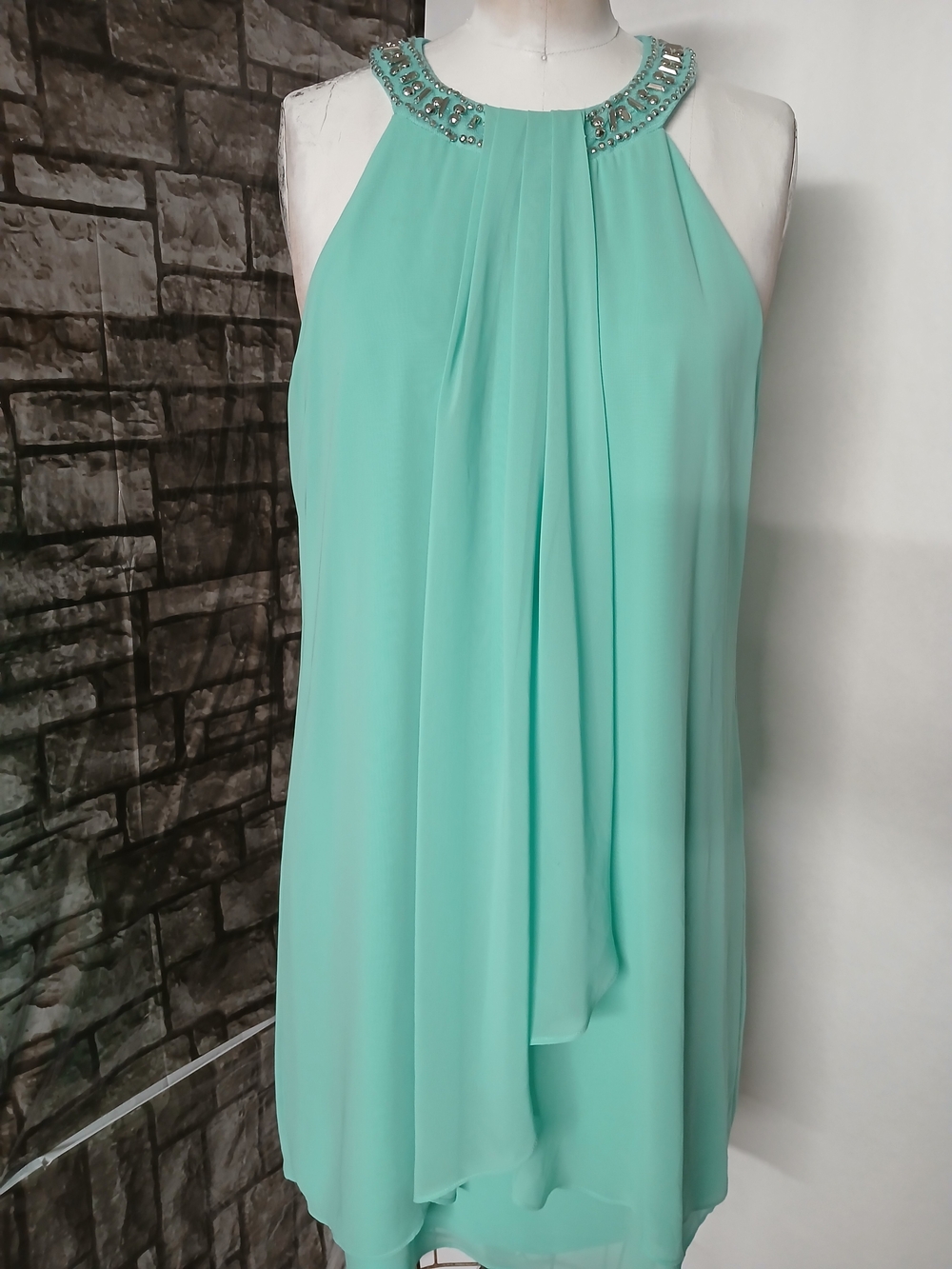 Beaded Halter Midi in Aqua Green Women's Evening Dress. - Picture 2 of 12
